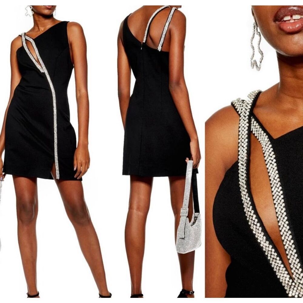 Topshop Black Diamanté Bodycon Dress Size 4 Asymmetrical Cutout NWT - Picture 3 of 11